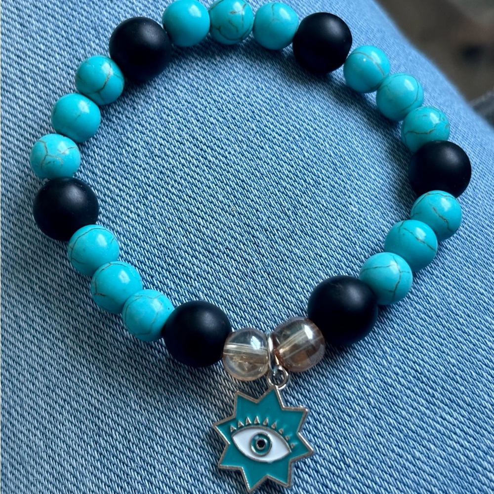 Turquoise and Black Beaded Bracelet with Eye Pendant